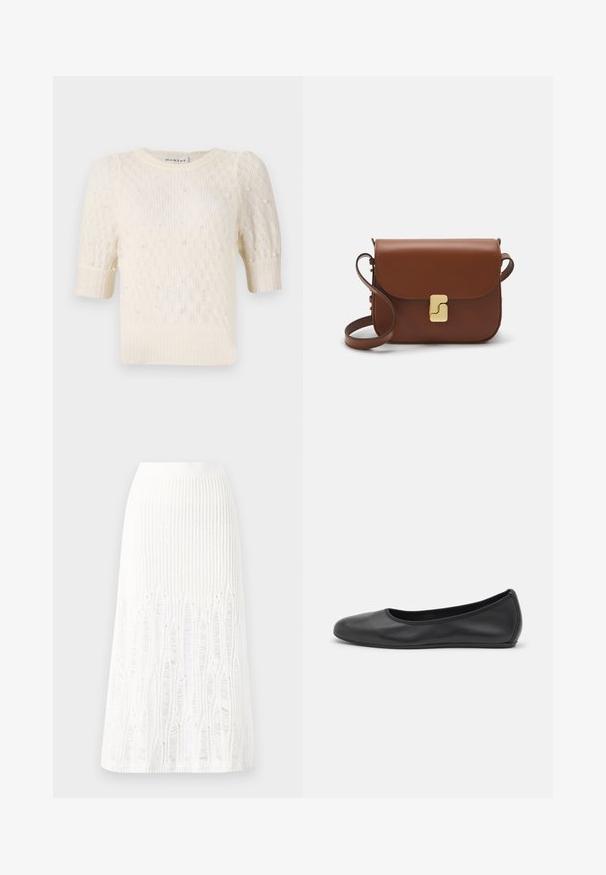 Kreemivalge kampsun lühikeste poutsevarrukatega, peene kudumise tekstuuriga ja pärli meenutavate lisanditega. Ümmargune kaelus, lõdva disainiga.; Kootud valge midi seelik, millel on tekstuurine muster vertikaalsete joonte ja lõike-detailidega hemmi lähedal. Elastne vöökoht. Pehme materjal.; Musthave mustika tantsutossud mustast nahast, ümmarguse varbaga, siledast tekstuurist, minimaalse õmblusdetailiga ja paindliku tallakujundusega.; Pruunist nahast käekott, millel on klapiga sulgur, kuldne riistvara, õlarihm ja sile tekstuur. Kompaktne ristkülikukujuline vorm.