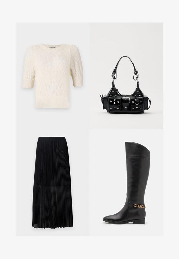 Maglione color crema con maniche a sbuffo corte, texture a maglia fine e decorazioni simili a perle su tutta la superficie. Collo tondo, design casual.; Gonna midi plissettata nera con una cintura elastica liscia e sovrapposizione trasparente, caratterizzata da fini pieghe verticali su tutto il tessuto.; Alti stivali in pelle nera dal design elegante, punta affusolata e dettagli in catena dorata alla caviglia. Tacco a blocco basso. Texture liscia.; Borsa a mano in pelle nera con design curvo, caratterizzata da borchie argentate, una fibbia e due tasche laterali. Tracolla regolabile per diverse opzioni di trasporto.
