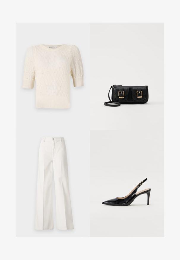 Maglione color crema con maniche a sbuffo corte, texture a maglia fine e decorazioni simili a perle su tutta la superficie. Collo tondo, design casual.; Pantaloni bianchi a gamba larga realizzati in cotone con una texture liscia. Presentano un bottone anteriore, una zip e un design a quattro tasche.; Pumps slingback in pelle verniciata nera con punta affilata, tacco sottile e un design con ritagli delicati. Caratterizzate da una fibbia dorata sul cinturino.; Borsa a tracolla nera in pelle con due tasche frontali, fibbie dorate, chiusura con zip e una tracolla sottile. Superficie texturizzata e forma rettangolare compatta.