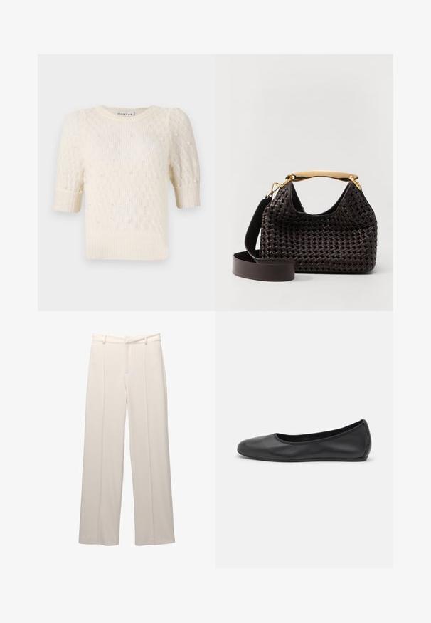 Kerman värinen neule pienen puffihihnoin, hienoa neulekuosia ja helmimäisiä koristeluja kauttaaltaan. Pyöreä pääntie, rento malli.; Valkoiset leveälahkeiset housut vaaleasta beigeestä kankaasta, joka on sileäpintainen. Housuissa on istuva vyötärö, edessä laskokset, eikä näkyviä taskuja.; Musta nahkainen ballerina, jossa on pyöristetty kärki, sileä pinta, minimaalinen ommelkoristelu ja joustava pohjamuotoilu.; Elleme BOOMERANG WOVEN - Käsilaukku - brown
