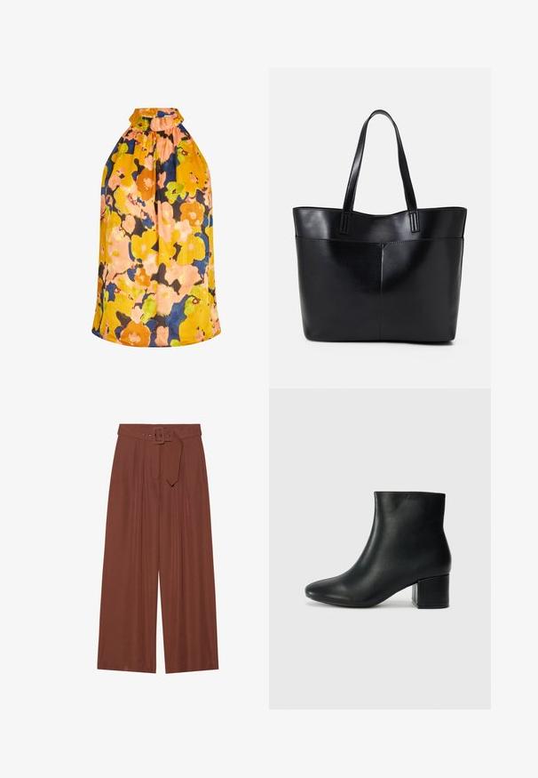 Blomstrete halterneck topp i livlige gule, oransje og blå nyanser. Har rynket halslinning og teksturert stoff med en løs passform.; Bredde bukser i brunt stoff, med belte med firkantet spenne, plisserte design og myk tekstur.; Sorte skinn ankelsko med spiss tå og chunky hæl. Glatt tekstur med minimale detaljer og et elegant, tettsittende design.; Svart lær toteveske med to lange håndtak, en glatt tekstur og en strukturert form. Har en frontlomme for ekstra oppbevaring.