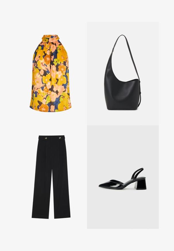 Blomstrete halterneck topp i livlige gule, oransje og blå nyanser. Har rynket halslinning og teksturert stoff med en løs passform.; Svart vide bukser med høy midje, knappdetaljer på midjebåndet og frontplisser.; Svarte patentlær slingback hæler med spiss tå og geometrisk blokk hæl. Har et stilrent, minimalistisk design og jevn tekstur.; Svart lær hobo-veske med glatt tekstur, buet form og enkelt justerbart stropp; har en bred åpning på toppen.