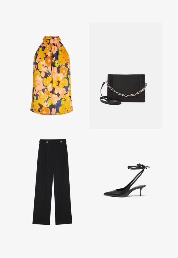 Bloemen haltertop in levendige gele, oranje en blauwe tinten. Kenmerkt een geplooide halslijn en textuurstof met een losvallend ontwerp.; Zwarte wijde broek met hoge taille, knoopdetails op de tailleband en plooien aan de voorkant.; Zwarte leren stiletto-schoen met een spitse neus, open achterkant en enkelschoentjes die in een strik zijn geknoopt. Slanke 3-inch hak. Glad textuur, minimalistisch ontwerp.; Zwarte leren schoudertas met een gladde textuur, rechthoekige vorm en een metallic kettingdetail aan de voorkant. Verstelbare schouderband inbegrepen.