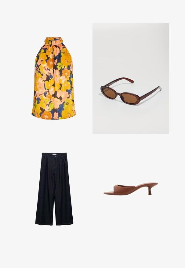 Blumen-Haltertop in lebhaften Gelb-, Orange- und Blautönen. Verfügt über einen gerafften Ausschnitt und strukturierte Stoffe mit einem lockeren Schnitt.; Dunkelblaue, weite High-Waist-Hosen aus Denim mit einem Knopfverschluss vorne, zwei Seitentaschen und Nähdetails.; Braune offene Absatzmules mit glatter, matter Oberfläche, die ein geschwungenes Design und einen transparenten, verjüngten Absatz aufweisen.; Runde, braun getönte Sonnenbrillen mit einem glänzenden burgunderfarbenen Rahmen. Schlanke Bügel mit dezentem Branding. Flaches Linsendesign.
