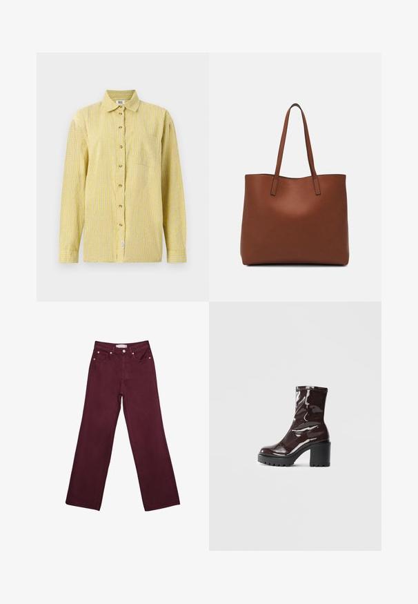 Žlutá kostkovaná košile na knoflíky s dlouhými rukávy, která má náprsní kapsu a hnědé knoflíky. Vyrobena z lehké, strukturované látky.; Burgundské džíny s vysokým pasem a rovnými nohavicemi, s předními kapsami, zapínáním na knoflík a měděnými kovovými akcenty.; Lesklá bordó kotníková bota s masivním černým podpatkem, se hladkým povrchem a jednoduchým designem. Žádné viditelné zapínání ani vzory.; Hnědá kožená taška přes rameno s hladkou texturou, otevřeným designem a dvěma ramenními popruhy. Obsahuje minimální švy a žádné viditelné kovové prvky.
