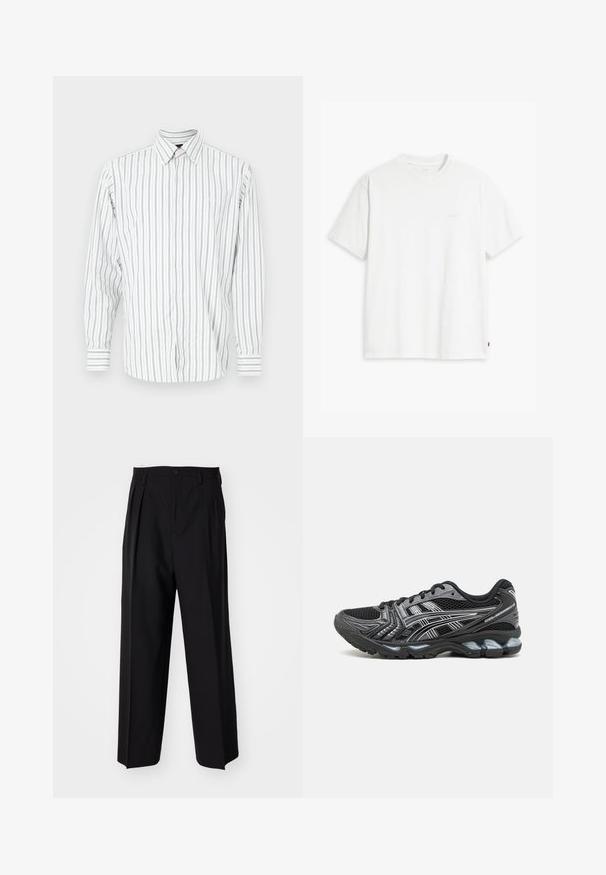 Herreskjorte med lang erm, knappelukking i hvitt med lyseblå og grå vertikale striper, med klassisk krage og enkelt brystlomme.; Hvit bomull t-skjorte med korte ermer, rund hals og subtilt Levi's-logo trykt i midten. Myk tekstur og standard passform.; Sorte plissert bukser med en rett, bred benform. Laget av glatt stoff, med knappelukking og beltehemper.; Svart sportsko med mesh-overdel, sølvdetaljer og polstret såle. Har snøring og teksturert såle for godt grep.