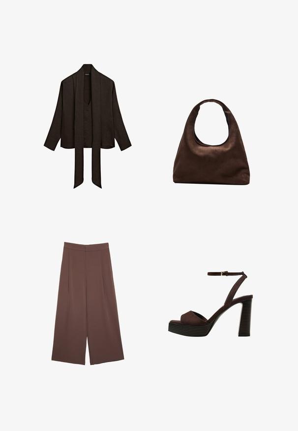 Dunkelbraune Bluse mit langen Ärmeln, tiefem V-Ausschnitt und langen, breiten Schalschnüren, die vorne herunterhängen.; Braune Weite-Leg-Hosen mit einer glatten Textur, hoher Taille und Vorderfalten. Der Stoff ist leicht und fällt locker.; Braune Wildleder-Pumps mit offenem Zeh, verstellbarem Knöchelriemen und gestreiftem Plateausohlen.; Weiche braune Hobo-Stil Handtasche mit einem einzigen breiten Trageriemen und einer geschwungenen Oberteilöffnung, auf einem weißen Hintergrund präsentiert.