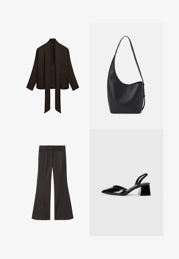 Mörkbrun långärmad blus med djup V-ringning och långa, breda scarf-liknande band som hänger ner fram.; Svarta utsvängda byxor med hög midja; har två framfickor och en mjuk tygtextur. Lämpliga för olika tillfällen.; Svarta lackläder slingback klackar med spetsig tå och geometrisk klack. Har en elegant, minimalistisk design och slät yta.; Svart läder hobo-väska med en slät textur, kurvig form och en justerbar axelrem; har en bred öppning upptill.