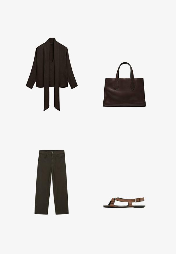 Blusa lunga a maniche con scollo a V profondo di colore marrone scuro, con ampi lacci a sciarpa che pendono sul davanti.; Jeans a gamba larga di colore verde scuro, realizzati in tessuto misto cotone, dotati di chiusura con bottone frontale, cinque tasche e cuciture classiche in denim.; Sandal in pelle marrone con punta aperta e ritagli laterali. Presenta una fascia alla caviglia con una fibbia metallica e una suola piatta.; Borsa a spalla in pelle marrone con due manici lunghi, forma rettangolare strutturata, texture liscia e dettagli di cucitura sottili.