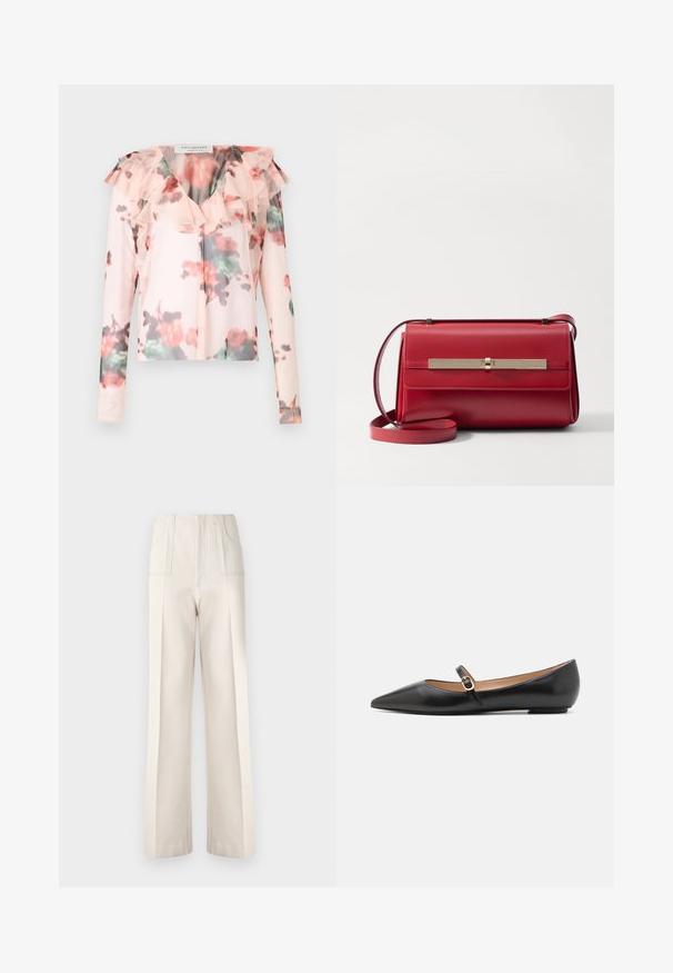 Květinová halenka s dlouhými rukávy v světle růžové barvě s volánkovým výstřihem. Obsahuje akvarelový květinový vzor s červenými a zelenými akcenty. Poloprůsvitná tkanina.; Beige široké kalhoty s vysokým pasem, dvěma předními kapsami a viditelnými stehmi. Vyrobeny z hladké, lehké tkaniny.; Černé kožené baleríny s špičatou špičkou a bočním páskem, který má kulatý zlatý akcent. Lehká konstrukce s plochou podrážkou.; Stuart Weitzman POSH SHOULDER BAG - Taška s příčným popruhem - cherry
