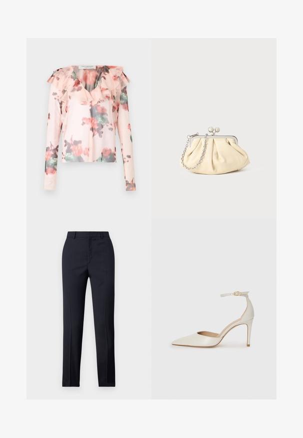 Blusa floreale a maniche lunghe di colore rosa chiaro con scollatura arricciata. Presenta un motivo floreale ad acquerello con accenti rossi e verdi. Tessuto semi-trasparente.; Pantaloni tailored blu navy a gamba dritta, caratterizzati da una texture liscia, due tasche frontali e una vita pulita.; Scarpa col tacco alto in pelle bianca con punta affusolata, cinturino alla caviglia e tacco a stiletto sottile. Texture liscia con una finitura leggermente lucida.; Clutch in pelle beige plissettata con una struttura in metallo argento, dotata di due chiusure decorative rotonde e una tracolla in catena argentata.