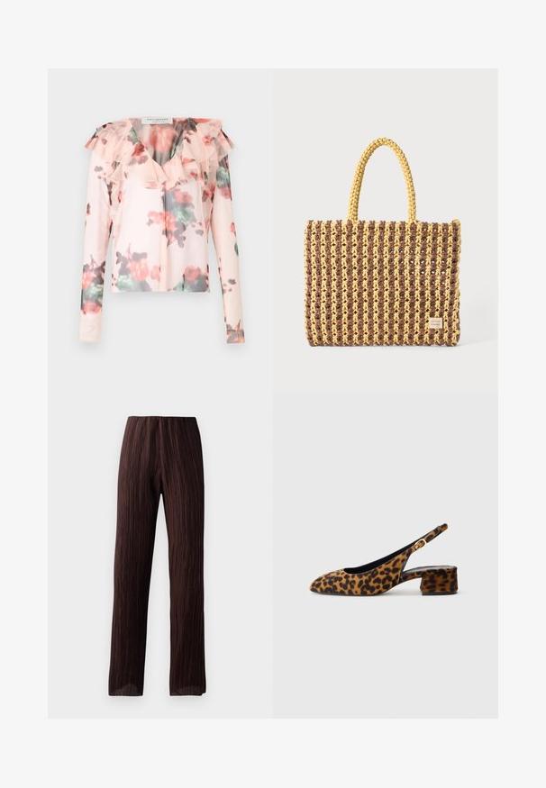 Blommig långärmad blus i ljusrosa med volangkrage. Har ett akvarellblommönster i röd och grön kontrast. Halvgenomskinligt tyg.; Bruna vida byxorna med veckad textur, hög midja och flödande design. Tillverkade av lättviktsmaterial. Ingen synlig stängning.; Damskor med leopardmönster och slingback-design, låg klack och guldspänne på sidostropp, visas i sidoprofil mot en enfärgad bakgrund.; Vävd väska i brunt och gult, med rektangulär form, två handtag och en texturerad yta med synliga sömmar och ett varumärkesmärke.