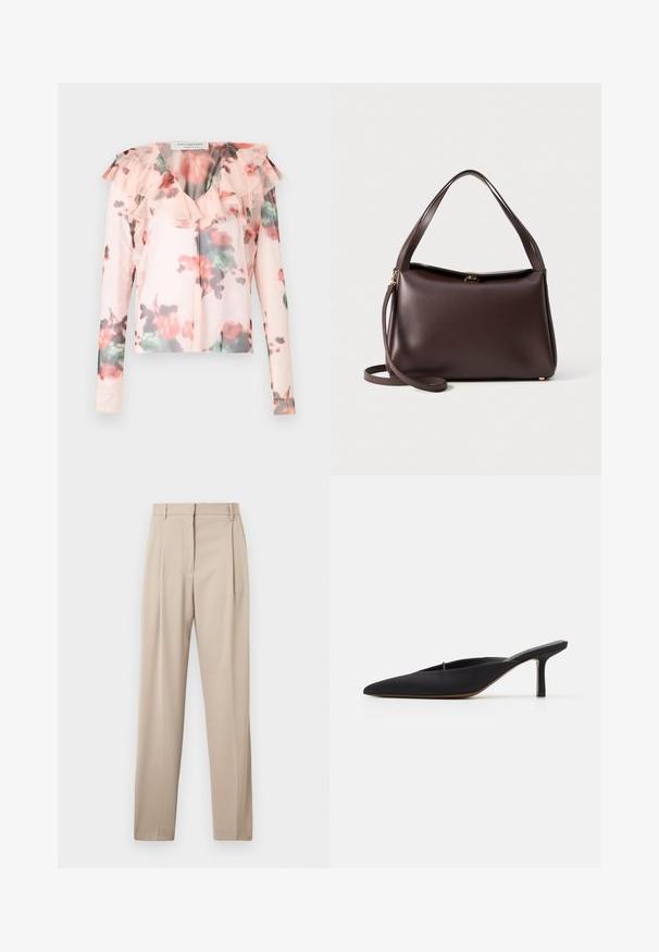 Világos rózsaszín, virágmintás, hosszú ujjú blúz fodros dekoltázzsal. Vörös és zöld árnyalatú akvarell virágminta díszíti. Félig átlátszó anyag.; Beige, egyenes szárú, fazonra szabott nadrág, elöl redőkkel és övhurkokkal, sima anyagból készült.; Fekete, hegyes orrú mules, elegáns dizájnnal, sima textíliából készült, karcsú sarokkal és nyitott hátsó résszel a könnyű felvétele érdekében.; Barna bőr kézitáska, amelynek strukturált formája van, egyetlen felső fogantyúval és levehető vállpánttal. Aranyszínű fém részletezés.