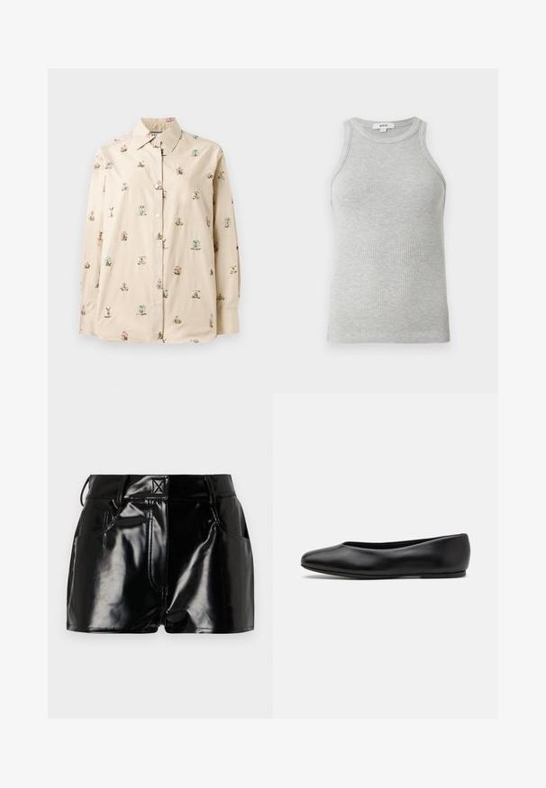 Chemise beige à boutons avec broderies florales en rose et bleu. Tissu doux et lisse avec un col classique et des manches longues.; Débardeur gris à côtes avec un design ajusté, des emmanchures larges et une encolure arrondie. Fabriqué en coton doux avec une texture lisse.; Shorts noirs et brillants en matériau synthétique. Présentent une taille ajustée, des passants de ceinture et des poches avant avec des détails de couture prononcés.; Paul Smith TOPANGA - Ballerines - black