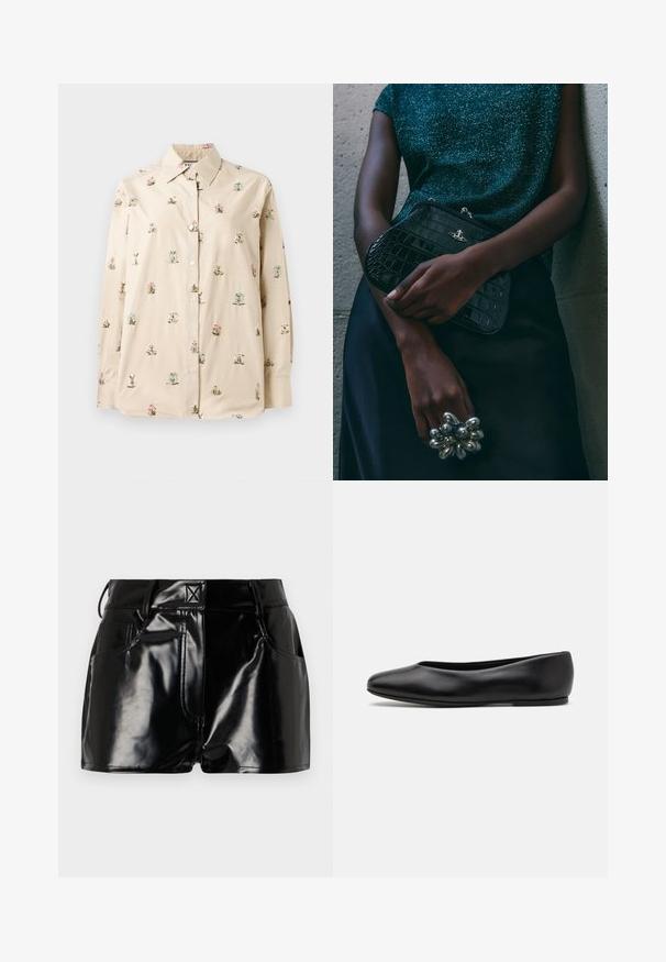 Kermanen napitettava paita, jossa on pinkkiä ja sinistä kukkakirjontaa. Pehmeä, sileä kangas, klassinen kaulus ja pitkät hihat.; Harmaa ribbattu tankkitoppi, jossa on istuva muotoilu, leveät käsi aukot ja pyöreä kaula-aukko. Valmistettu pehmeästä puuvillakankaasta, jossa on sileä pinta.; Lyhyet mustat kiiltävät shortsit, jotka on valmistettu synteettisestä materiaalista. Niissä on hyvä istuvuus vyötäröllä, vyölenkit ja etutaskut, joissa on näkyvät ompeluyksityiskohdat.; Paul Smith TOPANGA - Ballerinat - black; Musta krokotiilihäntäinen penaali, jossa on hopeiset yksityiskohdat, pidetään teksturoitua harmaata taustaa vasten. Pintamateriaali kiiltävä.