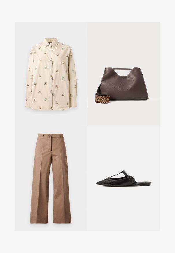 Krēmveida krekls ar garām piedurknēm un klasisku apkakli, kuram ir ziedu izšuvumi rozā un zilā krāsā. Mīksta un gluda auduma tekstūra.; Brūni platajās kājas bikses, izgatavotas no gludas auduma, ar priekšējo pogu aizdari, divām priekšējām kabatām un tīrām, pielāgotām līnijām.; Melnas ādas slingback kurpes ar norādītu purngali, kurām ir austoša akcenta un krokota augšdaļa. Plakana zole ar minimālu aparatūru.; Brūna ādas rokassoma ar strukturētu apdari, leņķīgu dizainu un izteiksmīgu augšējo rokturi. Iespējamā rakstaina austā siksna.