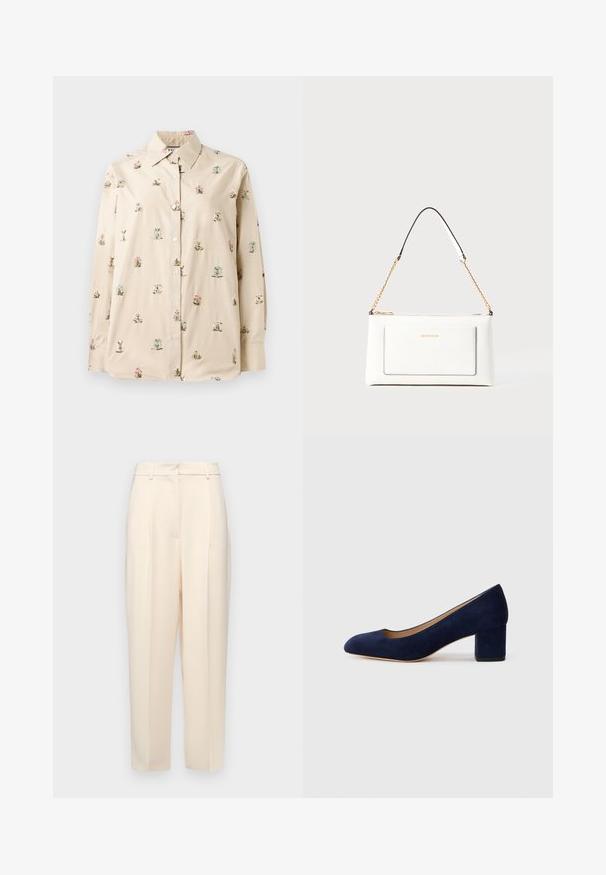 Chemise beige à boutons avec broderies florales en rose et bleu. Tissu doux et lisse avec un col classique et des manches longues.; Pantalons beiges ajustés à coupe droite, avec des plis à l'avant, une texture lisse et une taille mi-haute. Pas de poches visibles.; Escarpin en daim bleu marine avec un bout pointu et un talon bloc de hauteur intermédiaire. Texture lisse avec un subtil éclat et une petite découpe à l'avant.; Sac à main en cuir blanc avec un fini texturé, doté d'une bandoulière en chaîne dorée et d'accents noirs. Comprend une poche avant et une fermeture éclair.
