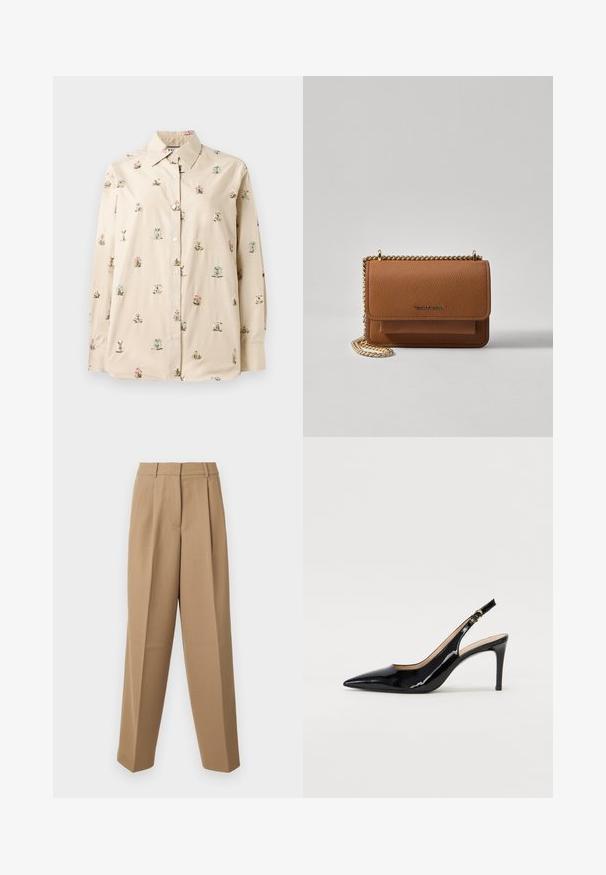 Kremasta košulja s dugim rukavima i cvjetnim vezom u ružičastoj i plavoj boji. Meka, glatka tkanina s klasičnom kragnom.; Bežane krojene hlače s visokim strukom, nabranim prednjim dijelom i širokim nogavicama. Tkanina izgleda glatko s blagim sjajem.; Crne lakirane slingback cipele s oštrim vrhom, uskim potpeticama i suptilnim izrezom. Sadrže zlatnu kopču na traku.; Smeđa kožna torba preko tijela s teksturom, zlatnim lančićem i preklopom na zatvaranju. Na prednjoj strani nalazi se detalj s potpisom i džep ispod preklopa.