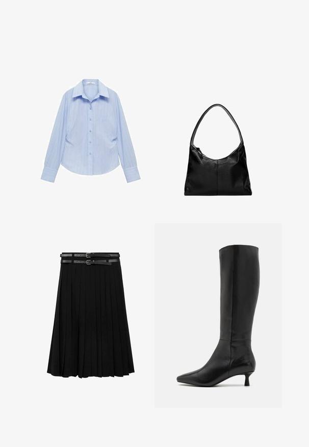 Mango Skjortebluser - light blue; Sort plisseret nederdel med to læderremme og sølvspænder i livet. Fremstillet af et glat, flydende stof.; Zign Høje støvler/ Støvler - black; Sort læder skuldertaske med en glat overflade, en buet top og en enkelt rem. Har lynlåslukning og minimalistisk design.