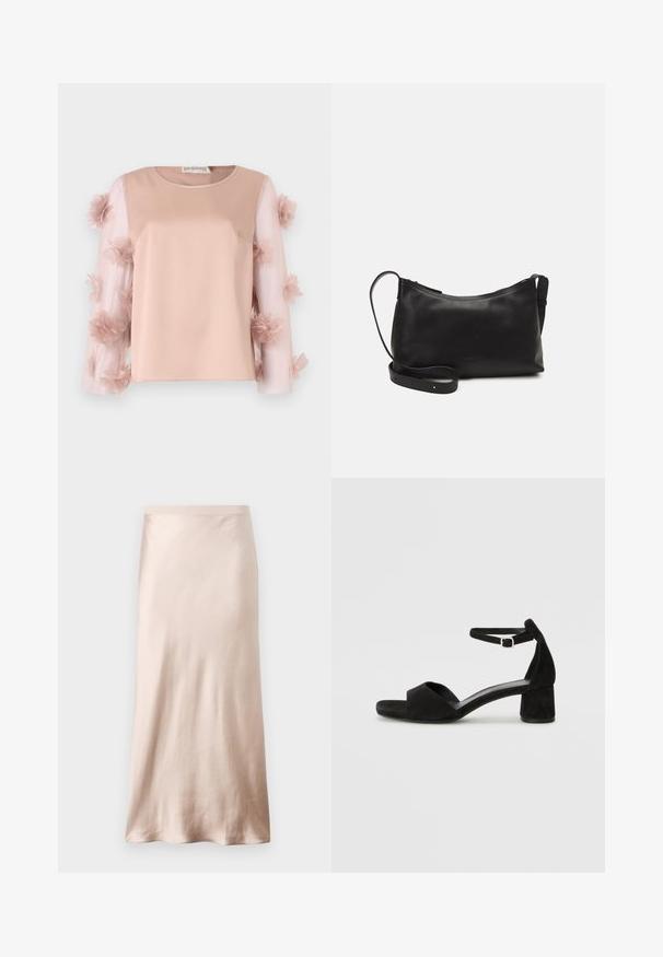 Top de color rosa claro con un cuerpo de satén sólido. Las mangas transparentes presentan flores de tela dispersas, añadiendo textura y detalle. Escote redondeado.; Falda midi de satén en beige claro, con una cintura ajustada, textura suave y dobladillo acampanado, sin adornos ni bolsillos visibles.; Sandalias de tacón negro de ante con una delgada correa en el tobillo, diseño de punta abierta y un bloque de tacón modesto. Textura suave y acentos mínimos.; Bolso de hombro de cuero negro con una textura suave, forma curvada, correa ajustable y cierre con cremallera. Diseño minimalista sin adornos.
