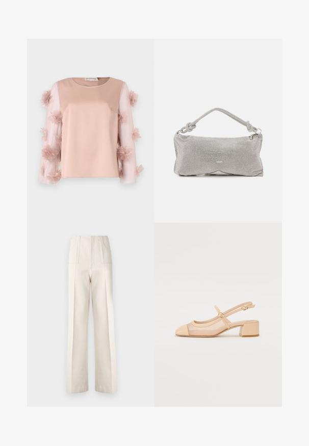 Světle růžový top se saténovým tělem. Průhledné rukávy zdobí rozptýlené látkové květiny, které přidávají texturu a detail. Zaoblený výstřih.; Beige široké kalhoty s vysokým pasem, dvěma předními kapsami a viditelnými stehmi. Vyrobeny z hladké, lehké tkaniny.; Nude lodičky na podpatku s průhledným síťovaným svrškem, kulatou špičkou a blokovým podpatkem. Obsahují jemný řemínek s kovovými akcenty ve zlaté barvě.; Stříbrná metalická síťová taška přes rameno s uzlem na rukojeti, zipem na zavírání a geometrickým tvarem s hladkým povrchem.