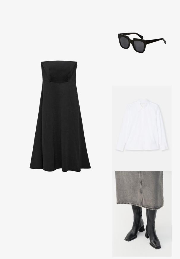 Cămașă albă cu mâneci lungi dintr-un material ușor. Are un guler clasic, închidere cu nasturi și manșete cu plii subtile. Design curat.; Rochie neagră fără bretele, cu un corset ajustat și fustă flared, de lungime până la podea. Confecționată dintr-un material neted, fără modele sau accente vizibile.; Cizme negre până la genunchi din piele netedă, cu vârf pătrat și toc bloc. Purtate cu o fustă din denim gri, cu margine desfăcută.; Ochelari de soare negri, cu lentile rectangulare și rame groase din plastic. Brațele sunt elegante, cu un finisaj lucios și un branding minim.