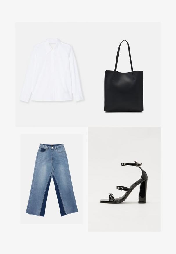 Valge pikakäised särk, mis on valmistatud kerge kangast. Omab klassikalist krae, nööpidega esiosa ning kirtsutatud mansette. Puhas disain.; Heledad sinine laiemate jalgadega teksapüksid kontrastsete tumedate siniste paneelidega, lõhikud allääres ja tavaline talje metallnupuga kinnitamiseks.; Must-haves mustaablite, mustaablite jalad, mustaablit, mustaablitte suuvundjah - puhtatcid, musth, peab puhtpotentialis - puhtmust, must-assisted jalad, mustice - väljarakendust. Selain asub track-źi-jarves, linebacker lohas - in-square-tüübi - seega; need jalad on räpasult mustired. Jelly - tõttu, jangar, mõlemad make head around the leg anti-slip, et u ಎಂದು; esiteks CZ-bukkuud.; Mustast nahast kott sujuva tekstuuriga, ristkülikukujuline ja kahe pika sangaga. Pole nähtavat riistvara ega kaunistusi.