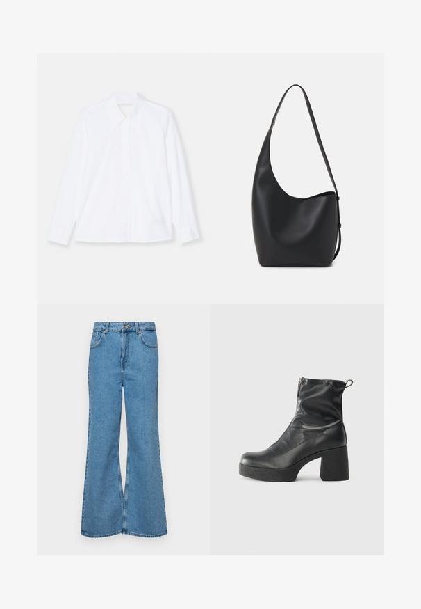 Hosszú ujjú, fehér ing, könnyű anyagból készült. Klasszikus gallérral, gombos elülső résszel és enyhén pliszírozott mandzsettával rendelkezik. Tiszta, egyszerű dizájn.; Világoskék, trapézszárú farmernadrág, magas derékkal, öt zsebbel és egy gombos záródással. Puha tapintású, magasított effektusú anyag.; Fekete bokacsizmák sima bőrből, oldalsó cipzárral, vastag, texturált sarkú és lekerekített orrú dizájnnal.; Fekete bőr hobo táska sima textúrával, ívelt formával és egyetlen állítható pánttal; széles nyílás található a tetején.