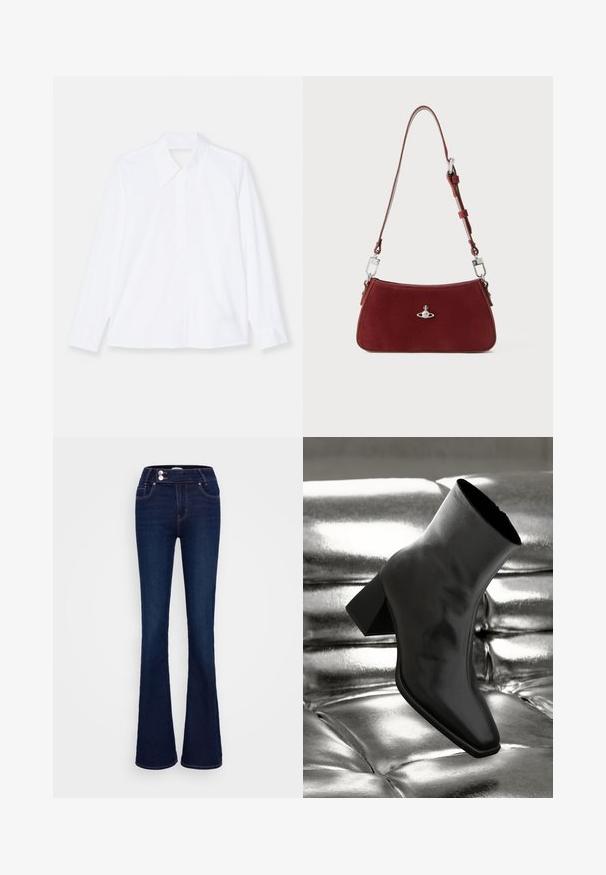 Witte lange mouwen shirt gemaakt van lichtgewicht stof. Heeft een klassieke kraag, knoopsluiting en manchet met lichte plooien. Schoon ontwerp.; Donkerblauwe uitlopende jeans met een hoge taille, twee voorzakken en twee knoopsluitingen. Gemaakt van denim met een zachte textuur.; Zwarte enkellaarsjes van glanzend materiaal met een vierkante neus en taps toelopende hak, afgezet tegen een glanzende zilveren gecapitonneerde achtergrond.; Rode suède schoudertas met een gebogen vorm. Voorzien van een zilverkleurig accent en een verstelbare band met hardware-details. Gladde textuur.