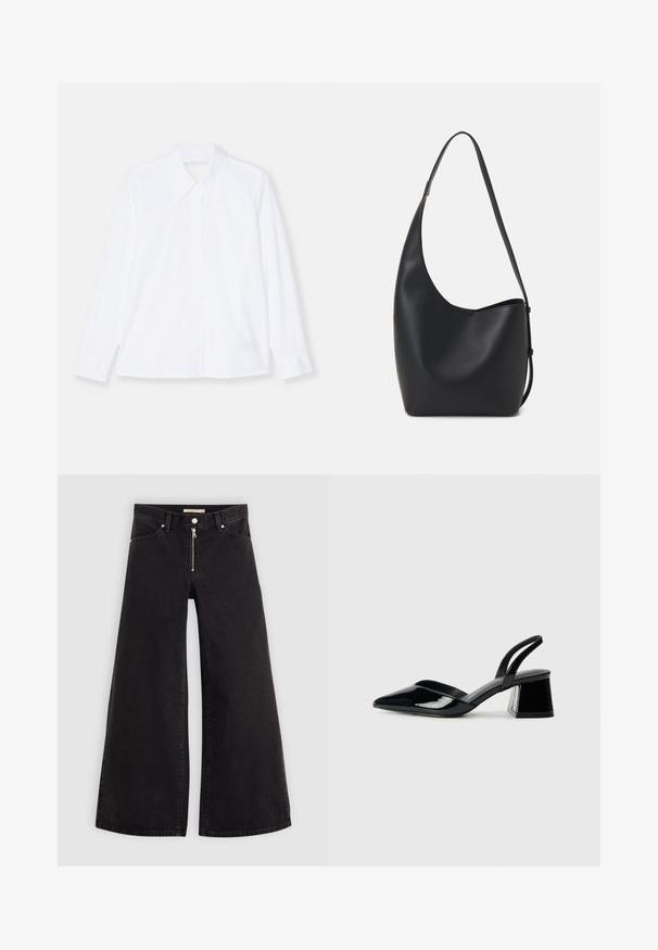 Camisa blanca de manga larga hecha de tela ligera. Presenta un cuello clásico, cierre frontal de botones y puños con ligeros pliegues. Diseño limpio.; Jeans de pierna ancha en denim negro con cierre frontal, diseño de cinco bolsillos y detalles de costura sutiles. Textura suave y estilo casual.; Zapatos de tacón slingback de charol negro con punta afilada y tacón geométrico en bloque. Presentan un diseño elegante y minimalista, así como una textura suave.; Bolso tipo hobo de cuero negro con una textura suave, forma curvada y una sola correa ajustable; presenta una amplia apertura en la parte superior.