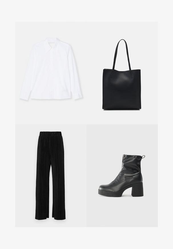 Baltas krekls ar garām piedurknēm, izgatavots no viegla auduma. Iezīmē klasisku apkakli, pogu priekšpusi un piedurkņu galiem ir nelielas krokas. Tīrs dizains.; Melni plīšu bikses ar elastīgu jostu. Tām ir platākas kājas un gluda, teksturēta auduma ar vertikālām svītrām.; Melni potītes zābaki, kas izgatavoti no gludas ādas, ar sānu rāvējslēdzēju, masīvu strukturētu papēdi un noapaļotu purngalu.; Melnas ādas somiņa ar gludu tekstūru, taisnstūra formu un divām garām rokturiem. Nav redzamu aparatūras vai rotājumu.