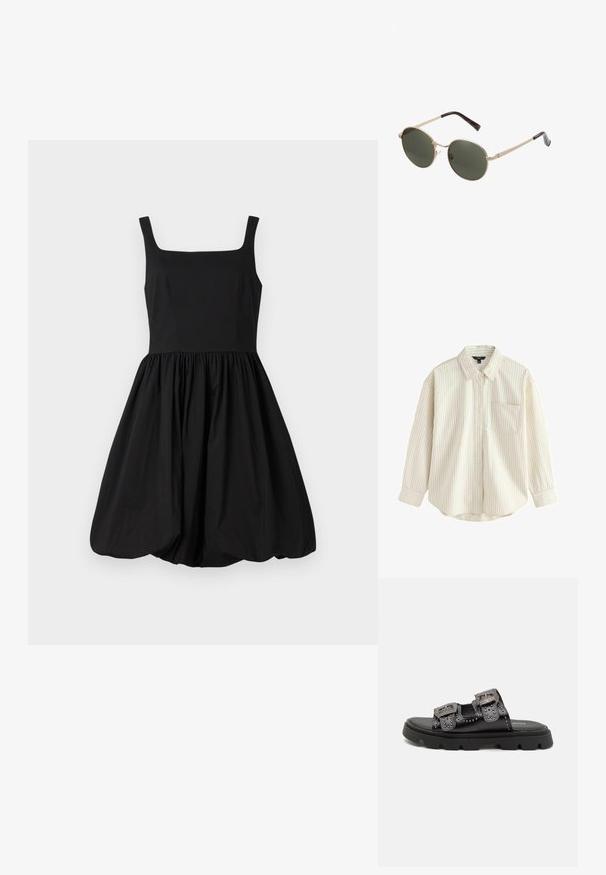 Chemise bouton-pression beige clair avec de fines rayures verticales bleues, manches longues, une poche frontale et un ourlet arrondi. Texture de tissu douce.; Robe sans manches noire avec un décolleté carré, un corsage ajusté et une jupe évasée froncée se terminant par un ourlet arrondi. Tissu lisse.; Sandales noires avec deux larges brides ornées de clous décoratifs et de boucles détaillées, montées sur une semelle en caoutchouc texturé solide.; Lunettes de soleil rondes avec des montures en métal doré et des verres vert foncé. Les branches présentent un design écaille de tortue pour un détail supplémentaire.