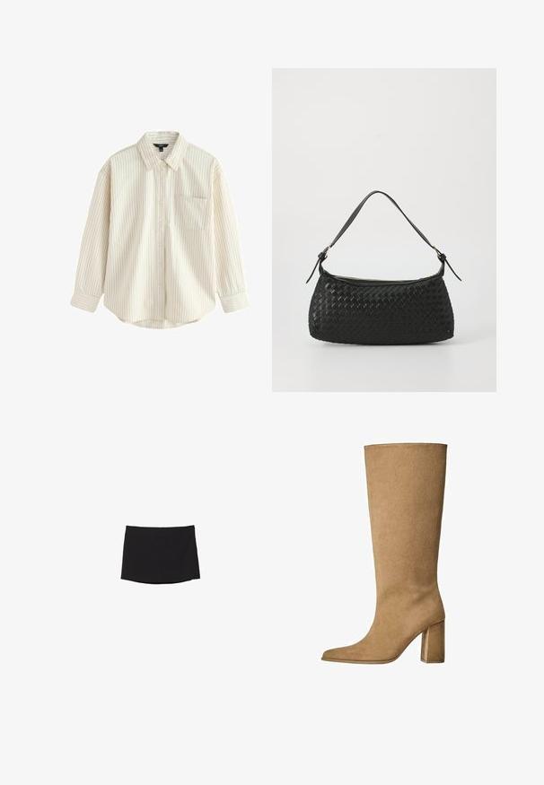 Jasno beżowa koszula z długim rękawem zapinana na guziki z cienkimi niebieskimi pionowymi paskami, z kieszonką z przodu i zaokrąglonym dołem. Miękka tekstura materiału.; Czarna mini spódnica wykonana z gładkiego, elastycznego materiału; ma prosty krój z subtelnym dołem i bez widocznych zapięć czy wzorów.; Karmowe zamszowe botki do kolan na słupku, z ostrym noskiem i gładką fakturą. Minimalistyczny design bez ozdób.; Czarna, pleciona torba na ramię z gładkim skórzanym paskiem i zapięciem na zamek. Charakteryzuje się teksturowaną powierzchnią i zakrzywionym kształtem.