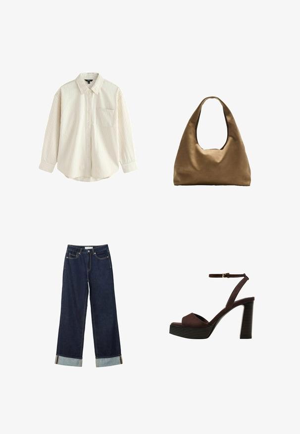 Svetlo béžová košeľa na gombíky s tenkými modrými vertikálnymi pásikmi, dlhými rukávmi, prednou vreckom a zaobleným lemom. Mäkká textúra látky.; Tmavo modré široké nohavice s vysokým pásom, s manžetami, kontrastným šitím a dizajnom s piatimi vreckami. Vyrobené z denimu.; Hnedé semišové sandále na vysokom podpätku s otvorenou špičkou, nastaviteľným členkovým remienkom a pruhovanou platformovou podrážkou.; Hnedá látková taška cez rameno s širokým, zaobleným telom a veľkým vyrezaným uchom. Mäkčená textúra, minimalistický dizajn a bez viditeľného kovania.