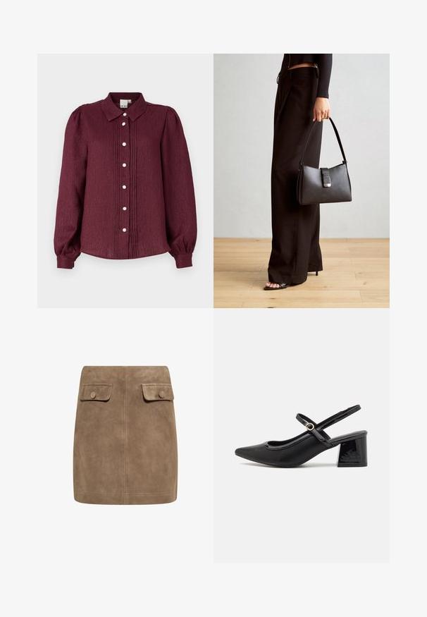 Burgundská košeľa s dlhým rukávom a golierom, s vrstvami a dekoratívnymi gombíkmi. Vyrobená z texturovanej látky s nariasenými rukávmi.; Hnedá semišová mini sukňa s hladkou textúrou, ktorá má dva predné vrecká s klopou a gombíkové zapínanie na každej strane. Jednoduchý, rovný dizajn.; Čierne lakované kožené lodičky so slingback dizajnom, špicatou špičkou, zaobleným výrezom a blokovým podpätkom. Obsahuje akcent zlatého tónu s prackou.; Čierna kabelka so štruktúrovaným tvarom, hladkou textúrou a kovovou sponou. V kombinácii so širokými čiernymi nohavicami a sandálmi s otvorenou špičkou na drevenej podlahe.
