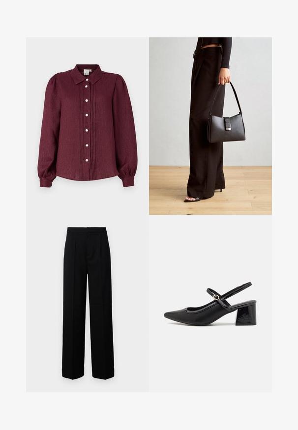 Burgundia pikkade varrukatega nööbiga särk kraega, millel on voltide ja dekoratiivsete nööpide detailid. Valmistatud tekstuuriga kangast, kogutud varrukatega.; Mustad laiad püksid, millel on sile tekstuur, tasane esiosa, voltide äär ja kohandatud vöökoht. Ei mingeid nähtavaid riistu ega mustreid.; Mustad läikivad nahast slingback-kõrged kontsad, millel on terav nina, ümar lõikekujundus ja blokknina. Omab kuldset nupu aktsenti.; Must musta kott, millel on struktureeritud kuju, sile tekstuur ja metallist klamber. Kombineeritud laiate mustade pükstega ja avatud varvaste sandaalidega puidust põrandal.