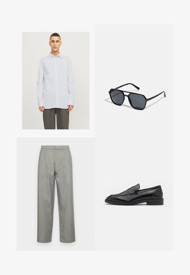 Šviesiai mėlynas raišteliu marškiniai su klasikinėmis apykaklėmis, pilno ilgio rankovėmis ir mygtukų uždarymu, pagaminti iš lygios medžiagos. Matomi kelnių deriniai.; Pilkos pritaikytos kelnės, pagamintos iš tekstūruoto audinio, su tiesiais keliamos dizainu, priekinėmis klostėmis ir standartiniu juosmeniu su diržo kilpomis.; Juodos odinės loafers batai su lygiu paviršiumi, turintys apvalią noselę ir siaurą juostelę per viršų. Žemas sluoksnis kulnas.; Juodos akiniai nuo saulės su aštuonkampiu rėmeliu, tamsiais objektyvais, blizgiu paviršiumi, plonomis šakutėmis ir auksinėmis akcentais priekyje.