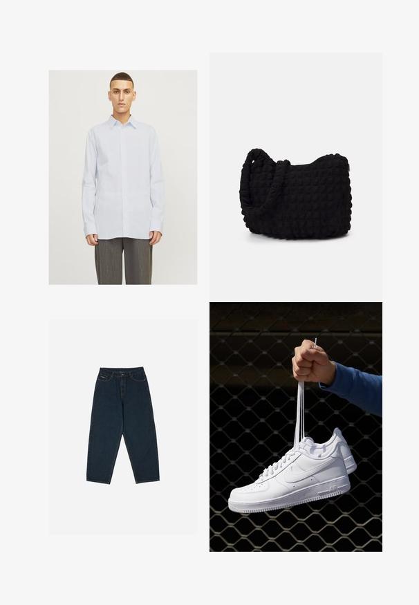 Šviesiai mėlynas raišteliu marškiniai su klasikinėmis apykaklėmis, pilno ilgio rankovėmis ir mygtukų uždarymu, pagaminti iš lygios medžiagos. Matomi kelnių deriniai.; Tamsiai mėlynos aukšto liemens džinsai su laisvu siluetu, turintys penkias kišenes ir sagčių užsegimą. Pagaminti iš džinsinio audinio, turinčio lygų paviršių.; Balti odiniai sportiniai bateliai su perforacijomis, apvalia nosimi, plokščiu padu ir storomis raištelėmis, su matomu swoosh logotipu ir "AIR" ant kulno.; Juodas audinio maišelis su tekstūruota, siuvinėta raštu. Apvalios formos, trumpi, stori rankenėlės ir minkšta, lanksti struktūra.