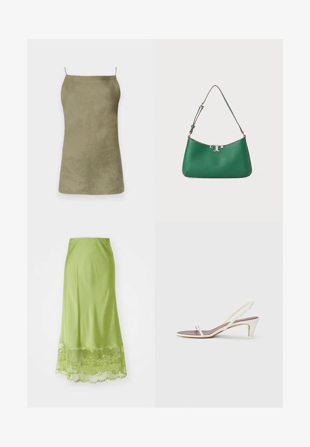 Olíva zöld ujjatlan felső, laza szabással. Sima textúra és minimalista dizájn. Vékony spaghetti pántok. Nincs látható minta vagy kiemelés.; Hosszú, lime zöld szoknya sima anyagból. Csipkés díszítés található az alján, virágmintákkal hímzette, amely a szoknya színéhez illik.; Fehér, pántos szandál enyhe sarokkal, vékony pántokkal és sima bőr textúrával; kis díszítő csattal rendelkezik.; Zöld bőr kézitáska ívelt formával, ezüst hardware kiegészítőkkel, texturált felülettel és egy állítható vállpánttal.