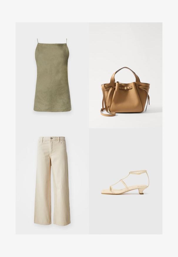 Olive green sleeveless top with a relaxed fit. Smooth texture and minimal design. Thin spaghetti straps. No visible patterns or accents.; Beige wide-leg jeans made of denim, featuring a high waist, button closure, belt loops, and side pockets. Smooth texture and relaxed fit.; Beige heeled sandals with a T-strap design, square toe, adjustable ankle strap, and a low, block heel. Smooth leather material.; Tory Burch ROMY PEBBLED SATCHEL - Handbag - tiramisu