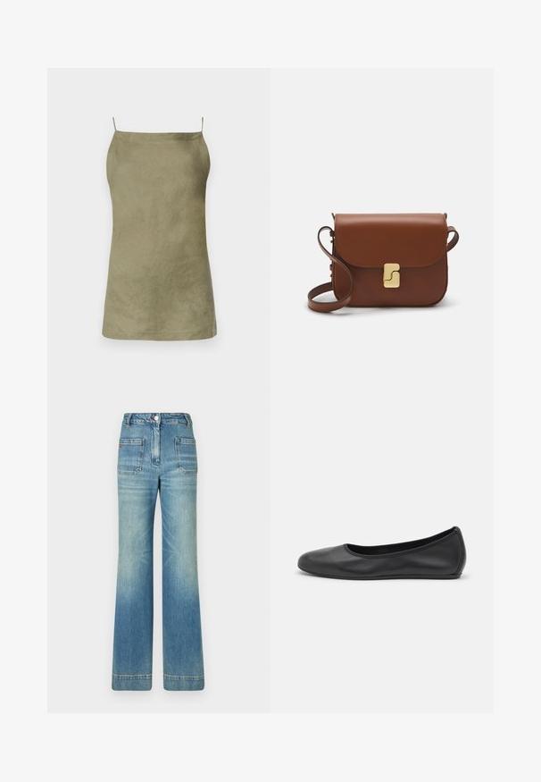 Top sin mangas verde oliva con un ajuste relajado. Textura suave y diseño minimalista. Tiras finas tipo espagueti. Sin patrones o acentos visibles.; Jeans de mezclilla de tiro alto en azul claro, con perneras acampanadas, cinco bolsillos, pasadores para cinturón, cierre de botón y una textura ligeramente desgastada, que cuenta con un detalle del logo en rojo en la parte posterior.; Bailarina de piel negra con punta redondeada, textura suave, detalle de costura minimalista y diseño de suela flexible.; Bolso de mano de cuero marrón con cierre de solapa, herrajes en tono dorado, correa para el hombro y una textura suave. Forma rectangular compacta.