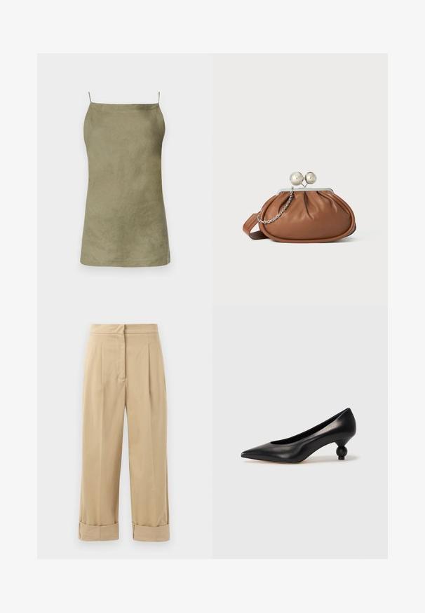 Olivovo zelený bezrukávový top s voľným strihom. Hladká textúra a minimalistický dizajn. Tenké špagetové ramienka. Žiadne viditeľné vzory ani akcenty.; Béžové nohavice s širokými nohavicami, dvoma prednými plisovaním, zrolovanými manžetami a hladkým povrchom. Vyrobené z ľahkej tkaniny, ponúkajú uvoľnený strih.; Čierna kožená vysoká topánka na podpätku s ostrým špičkou a okrúhlym, guľatým podpätkom. Hladký povrch s moderným, minimalistickým dizajnom.; Hnedá kožená kabelka s strieborným guľovým zapínaním a malým strieborným reťazom na bielom pozadí.