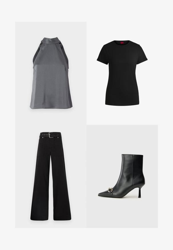 Top senza maniche di colore grigio scuro con texture, con un collo alto e dettagli con aperture sui lati, disteso su uno sfondo bianco.; T-shirt in cotone nero con maniche corte arrotolate, scollatura rotonda e etichetta rossa. Texture liscia, forma aderente con dettagli minimi.; Pantaloni neri a gamba larga realizzati in cotone, con vita alta, ampie tasche laterali e vita con cintura arricchita da dettagli in metallo argentato.; Stivale alla caviglia in pelle nera con punta affusolata, tacco sottile di media altezza e dettaglio in fibbia argentata sul lato, su sfondo semplice.