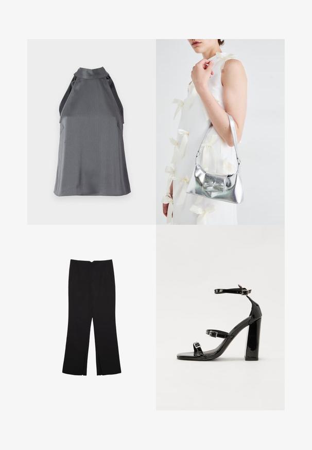 Ärmelloses, dunkelgraues, strukturiertes Halfter-Top mit hohem Ausschnitt und Ausschnitten an den Seiten, flach auf einem weißen Hintergrund ausgelegt.; Schwarze Hose mit geradem Schnitt, ausgestattet mit Fronttaschen und Seitenschlitzen am Saum. Hergestellt aus weichem, glattem Stoff. Geeignet für verschiedene Anlässe.; Schwarze patentierte Sandalen mit Absatz, quadratischer Spitze, Knöchelriemen und silbernen Schnallen. Mit einem stabilen Blockabsatz für mehr Stabilität.; Silberne metallische Handtasche mit strukturierter Form, ausgestattet mit einem oberen Griff und einer Schleifenapplikation auf der Vorderseite. Glatte Textur, reflektierendes Finish.
