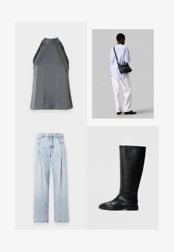 Juoda pilkos tekstūros halterio tipo suknelė be rankovių, su aukštu kaklo iškirpimu ir išpjovimais šonuose, padėta plokščiai ant balto fono.; Šviesiai mėlyni džinsai su aukštu liemeniu, plačiomis kojomis, dviem šoninėmis kišenėmis ir raukinių dizainu. Minkšta tekstūra su nudilusia apdaila.; Juodos odinės kelio ilgio boot'ai su apvaliu pirštu, lygia tekstūra, minimalistiniu dizainu ir plokščiu padu. Paprasti siuvinėjimo detalės ant šonu.; Juodas odinis petinis krepšys su minkšta tekstūra, trikampiu pavidalu ir reguliuojama juosta, derinamas su šviesiai mėlynu dryžuotu marškinėliu ir baltais džinsais.