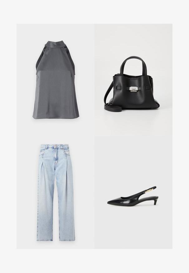 Ermeløs mørkegrå teksturert halterneck topp med høy hals og utskjæringer på sidene, lagt flatt på en hvit bakgrunn.; Lyseblå denimjeans med høy livlinje, vide ben, to sidelommer og plisserte detaljer. Myk tekstur med en falmet finish.; Sorte lærreim hæler med spiss tå, som har en slank hæl og en gullfarget detalj på den justerbare stroppen. Glatt tekstur.; Svart skinnveske med teksturert overflate, som har to håndtak på toppen, en avtagbar skulderrem og detaljer med sølvspenne.