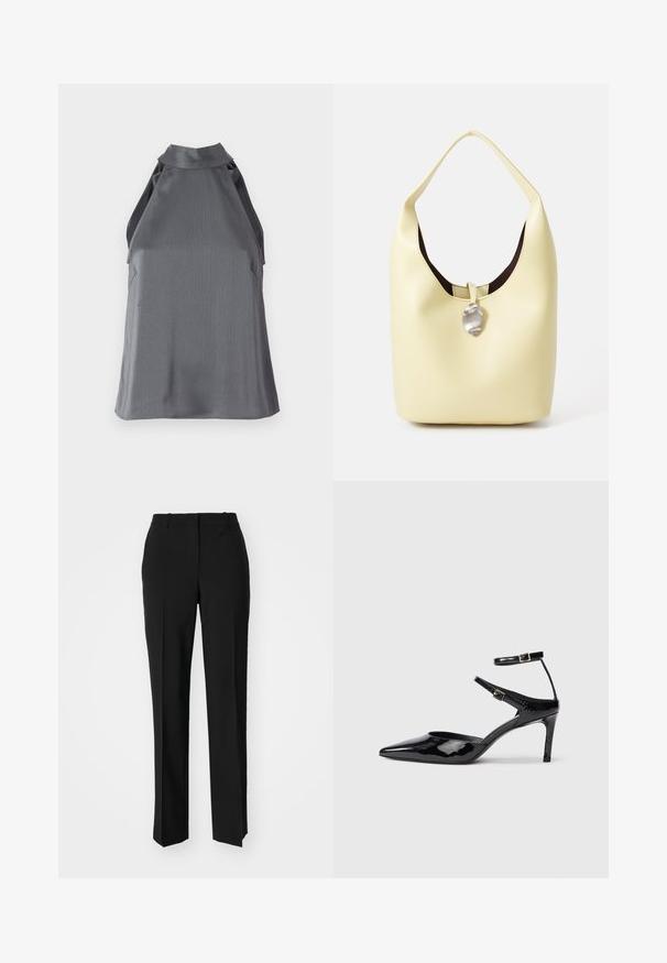 Vršna halter majica temno sive barve brez rokavov z visoko ovratnikom in izrezanimi detajli ob straneh, razprostrta na beli podlagi.; Črne krojene hlače s direktnim krojem, ki se ponašajo z gladko teksturo in ostrimi pregibi spredaj. Ni vidne kovine.; Črne lakirane čevlje z visoko peto in ožjim prstom, z nastavljivimi gležnjastimi trakovi in tankim peto. Gladka tekstura z sijočim zaključkom.; Hobo torba iz mehkega rumenega usnja z zaobljeno obliko. Ima gladko površino, temno notranjost in srebrn poudarek na zapiranju.