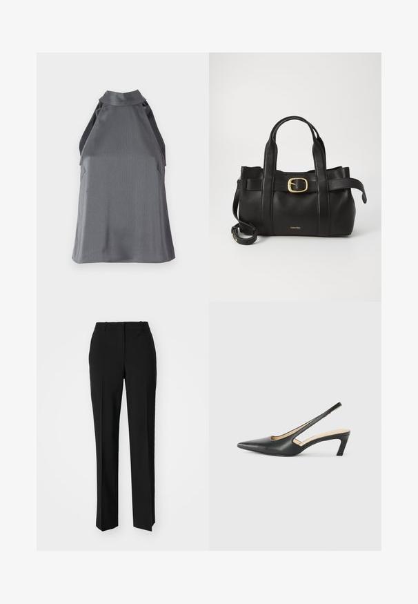 Ujjatlan sötétszürke textúrált pántnélküli felső, magas nyakkivágással és oldalsó kivágásokkal, fehér háttéren laposan elhelyezve.; Fekete, testhezálló nadrág egyenes szárú kivitelben, sima textúrával és éles redőkkel az elején. Nincs látható fémalkatrész.; Fekete, hegyes orrú, slingback cipő alacsony sarkával, sima bőrből készült, oldalt kivágott deisgnal a légáteresztőképesség érdekében.; Fekete bőr kézitáska, amely strukturált kialakítással rendelkezik, dupla felső fogantyúval, arany tónusú csattal és a márka dombornyomott logójával az elején.