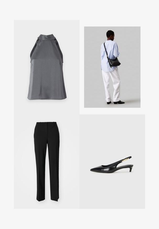 Hihaton tummanharmaa teksturoidulla pinnalla varustettu halterneck-toppimalli, jossa on korkea kaulus ja leikattu yksityiskohta sivuilla, aseteltuna tasaisena valkoiselle taustalle.; Mustat räätälöidyt housut suoraa lahjetta, joissa on sileä pinta ja terävät taitteet edessä. Ei näkyvää metalliosaa.; Mustat nahkaiset slingback-korkokengät, joissa on terävä kärki, ohuet korot ja kultasävytteinen yksityiskohta säädettävässä hihnassa. Silkkinen pinta.; Musta nahkainen olkalaukku, jossa on pehmeä rakenne, kolmion muoto ja säädettävä hihna, yhdistettynä vaaleansiniseen raidalliseen paitaan ja valkoisiin housuihin.