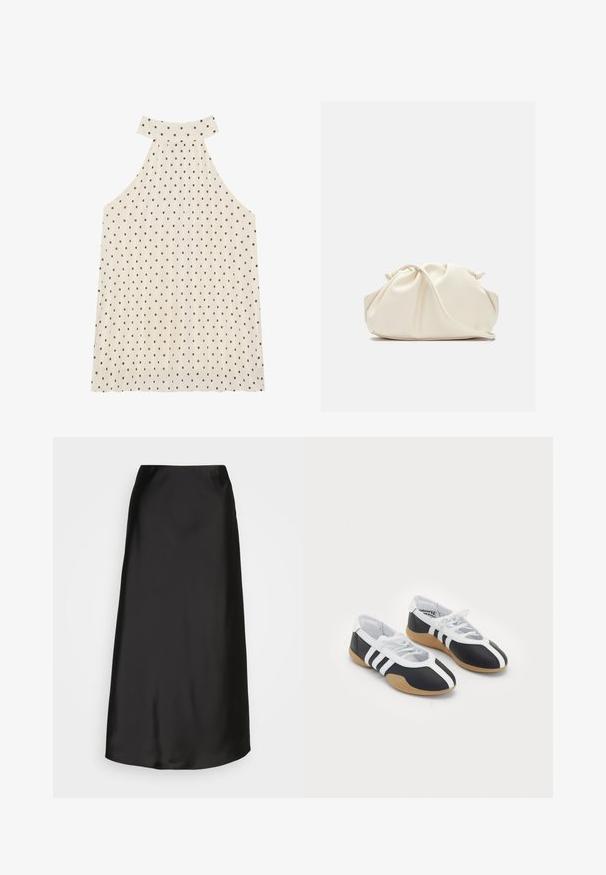 Sleeveless halter top in cream with brown polka dots, featuring a high neckline and pleated fabric for added texture.; Black satin midi skirt with a smooth texture, A-line shape, and a subtle sheen. Features a sleek, uncomplicated design without embellishments.; Black and white athletic shoes with a sleek design, rubber sole, lace-up closure, and three white stripes on the sides.; Cream-colored, soft faux leather bag with gathered design, adjustable strap, and subtle drawstring closure. Smooth texture and rounded shape.